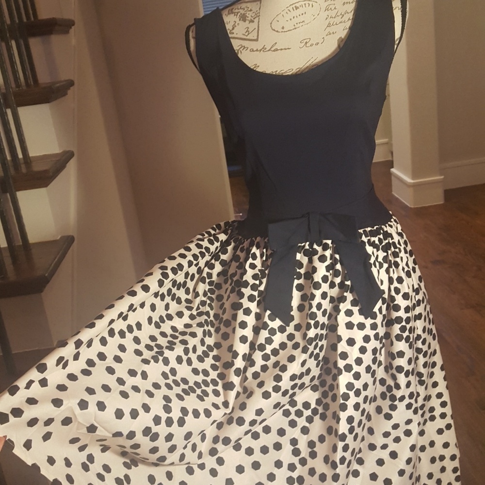 Large navy blue and cream swing dress